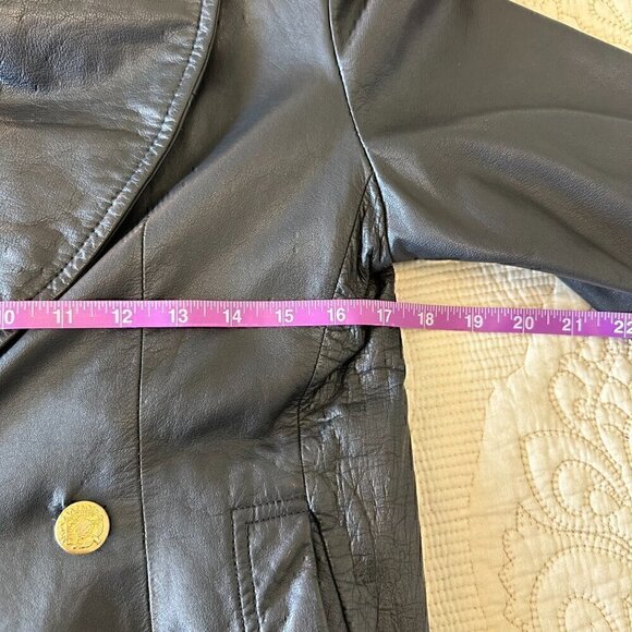 100% LEATHER gorgeous classic vintage 90s gold button blazer stretch women M - Picture 11 of 14
